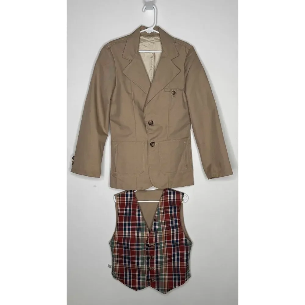 1980s Billy The Kid Boys Khaki Suit Set Jacket Vest Size 8 USA